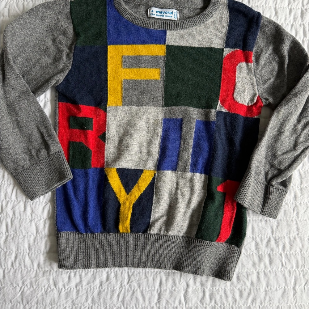 Mayoral Gray Crewneck Sweater with Multicolor Letter Blocks